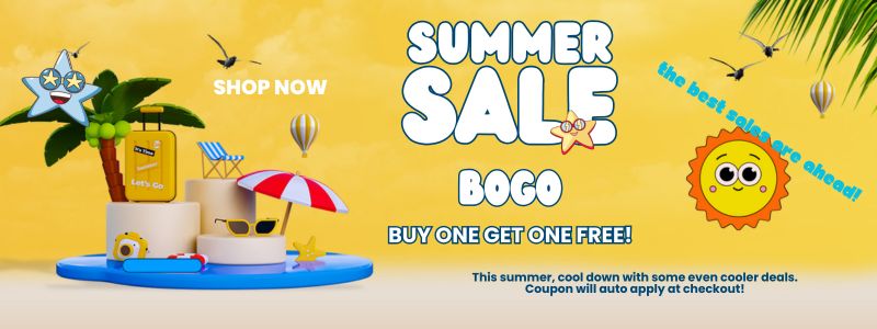 Summer sale banner with beach-themed elements and promotional text on a yellow background